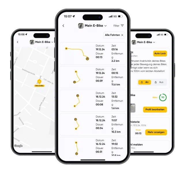 Drei Screens der IT’S MY BIKE-App
